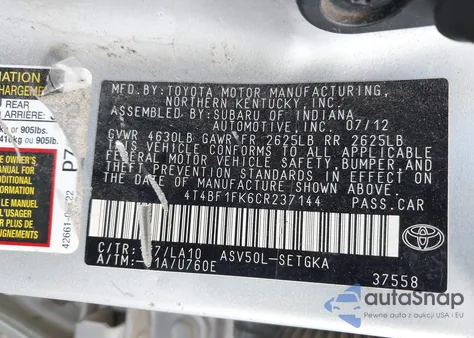 2012 Toyota Camry Xle z USA, uszkodzony, nr VIN 4T4BF1FK6CR237144